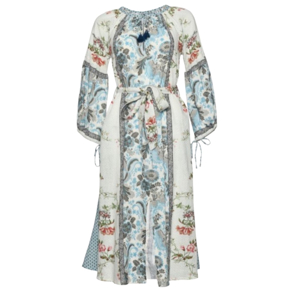 D'Ascoli Bel Canto Indian Cotton Mixed Print Floral Boho Peasant Midi Dress Sz S
